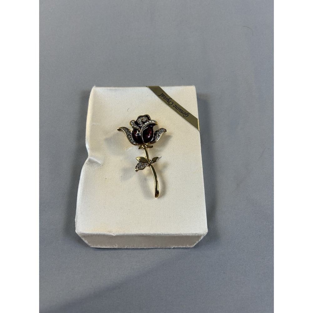 Vintage Rose Brooch Red Rhinestone Gold Tone Flower Pin